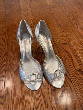 ALDO Silver Peep-Toe Dress Heels with Buckle Accent
